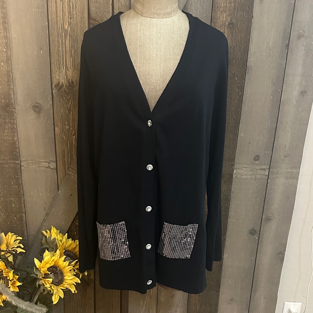 Quacker Factory Black Embellished Button Front Sequined Pocket Cardigan Medium